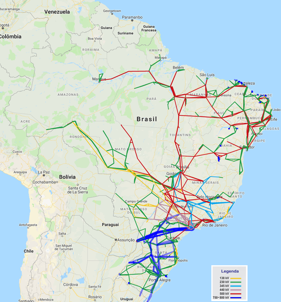 Mapa de linhas de transmissão do Brasil